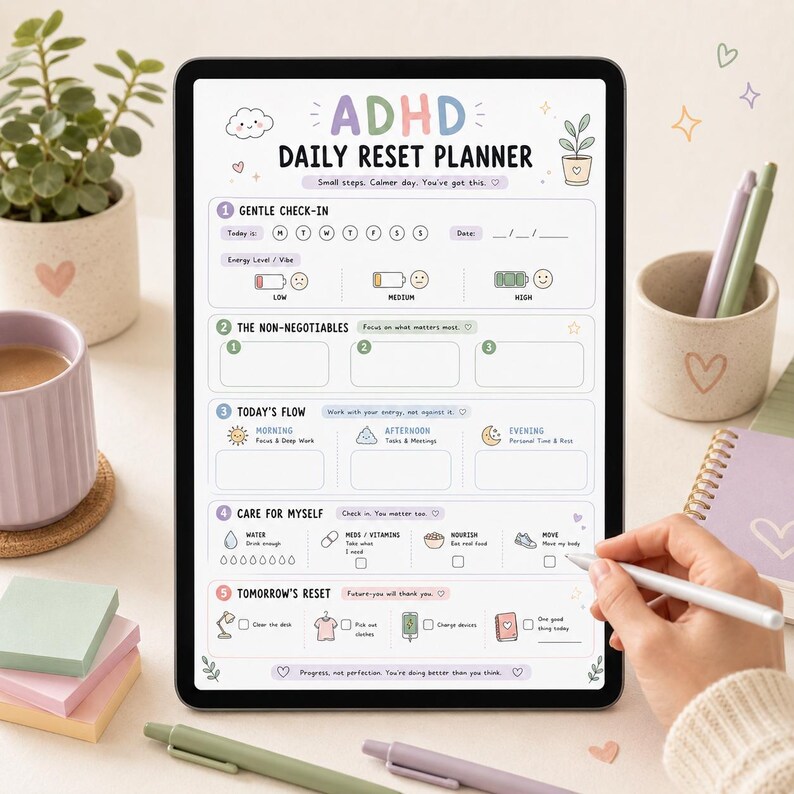 May include: A digital tablet displaying an ADHD Daily Reset Planner template with sections for gentle check-ins, non-negotiables, daily flow, self-care, and tomorrow's reset. The interface features pastel icons, checkboxes, and text prompts.