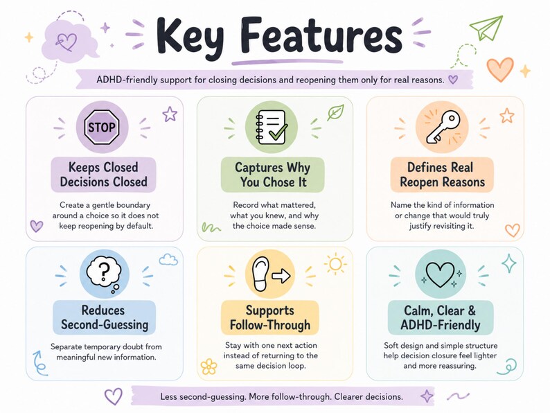 Puede incluir: Una infograf&iacute;a titulada Key Features con seis secciones sobre apoyo en la toma de decisiones. Los iconos incluyen una se&ntilde;al de stop, lista, llave, signo de interrogaci&oacute;n, huella y coraz&oacute;n. El texto explica c&oacute;mo cerrar decisiones y evitar dudas.