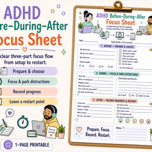 以下が含まれることがあります： クリップボードに挟まれた印刷可能なADHD Before-During-Afterフォーカスシート。このドキュメントには、計画、集中、進捗記録のためのセクションがあり、ノートパソコンとヘッドフォンを使用する人々のイラストと、タスク管理のためのテキストプロンプトが含まれています。