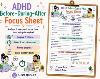ADHD Before During After Focus Sheet, Body Doubling Session Planner, Distraction Parking Lot Printable