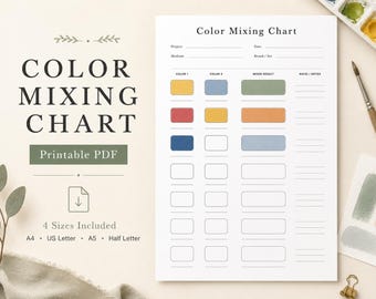 Tabella di miscelazione dei colori stampabile in PDF per acquerello, tempera e pittura a tempera, foglio di lavoro per artisti