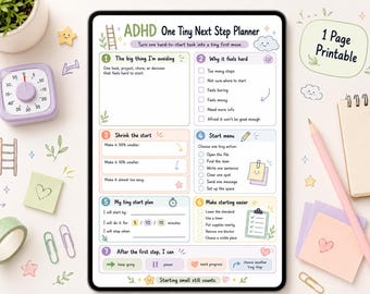 May include: A digital tablet displaying an ADHD One Tiny Next Step Planner printable. The layout features seven numbered sections with pastel-colored borders, including prompts for tasks, obstacles, and action plans, decorated with small hand-drawn icons.