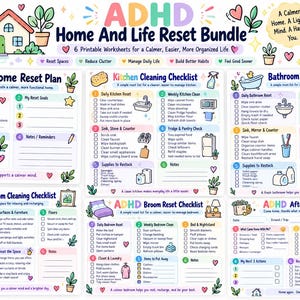 May include: A digital ADHD Home and Life Reset Bundle featuring six printable worksheets with colorful illustrations. The pages include checklists for kitchen, bathroom, room, bedroom, and errand resets, all decorated with pastel icons and text.