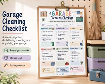 Checklista för garagestädning, utskrivbar för rensning, förvaring och veckovis återställning av hemmet