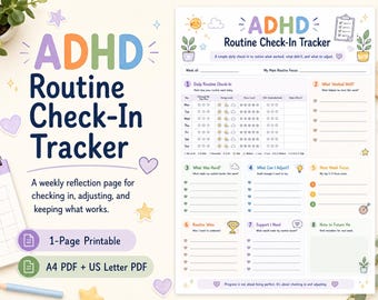 ADHD Routine Check-In Tracker Printable for Weekly Reflection and Daily Routine Review