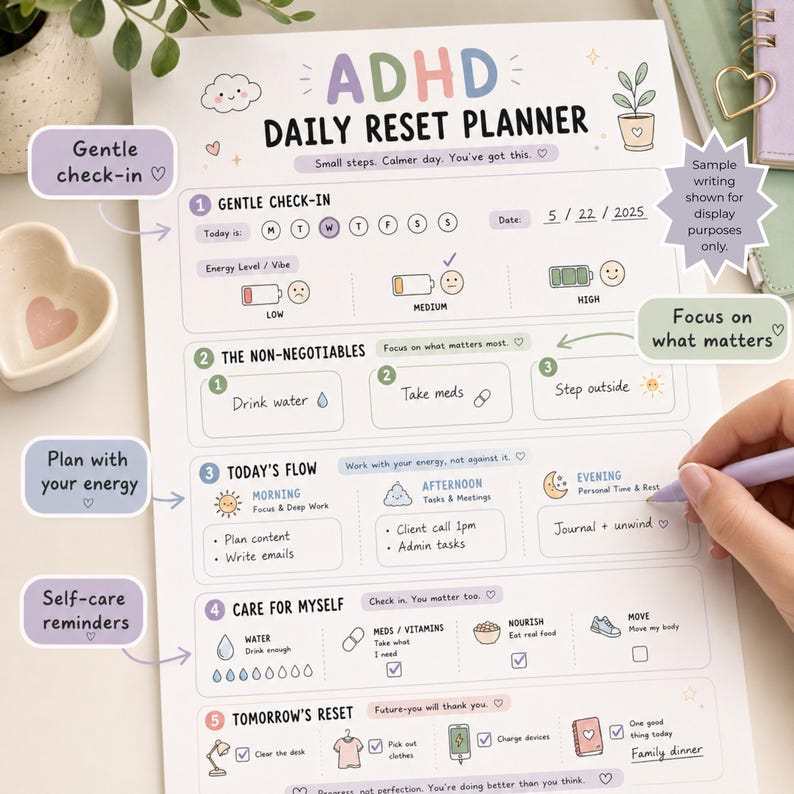 May include: A white ADHD Daily Reset Planner sheet featuring pastel-colored sections for daily tracking, including a gentle check-in, non-negotiables, daily flow, self-care reminders, and tomorrow's reset. The layout includes icons, checkboxes, and text prompts for organizing tasks, energy levels, and habits.
