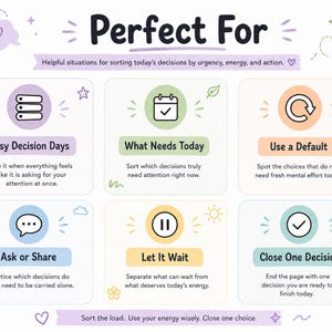 Puede incluir: Una gu&iacute;a de toma de decisiones titulada Perfect For con seis cuadros categorizados que incluyen iconos y texto: Busy Decision Days, What Needs Today, Use a Default, Ask or Share, Let It Wait y Close One Decision, sobre un fondo blanco.