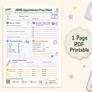Foglio di preparazione all'appuntamento per l'ADHD / Domande, tempo di viaggio e monitoraggio del follow-up / Download digitale per adulti neurodivergenti