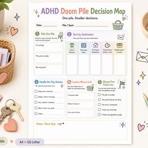 May include: A printable ADHD Doom Pile Decision Map document featuring five numbered sections for sorting items, including fields for date and pile location, with pastel icons and text labels for organizing tasks and containers.
