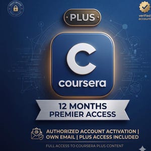 Op de afbeelding: Een blauwe digitale afbeelding met het Coursera-logo en een grote witte letter C. De tekst bevat PLUS, 12 MONTHS PREMIER ACCESS, AUTHORIZED ACCOUNT ACTIVATION, OWN EMAIL, PLUS ACCESS INCLUDED en FULL ACCESS TO COURSERA PLUS CONTENT.