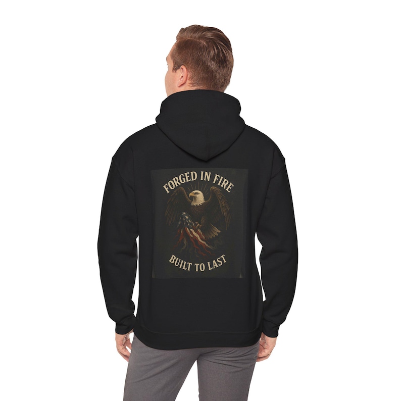 Liberty Eagle Emblem Hoodie | Forged in Fire American Flag Design (50/50 Cotton-Poly) image 6