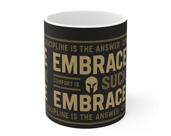 Embrace Discipline 11 oz Mug | Black Gold Spartan Helmet Coffee Cup