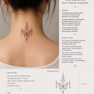 May include: A black fine-line tattoo on the back of the neck featuring a symmetrical butterfly design with vertical ornamental script. The design is labeled as Modern Sak Yant Tattoo Metta Nang Butterfly with dimensions of 2.5-3 cm by 3-4 cm.