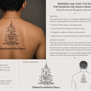 Könnte beinhalten: Ein schwarzes Sak Yant Tattoo-Design mit dem Yod Bandan Sap Maha Chok Larp Yantra auf dem oberen Rücken. Das Design umfasst komplexe geometrische Linien, heilige Symbole und thailändische Schriftzeichen, mit einer angegebenen Höhe von 15 bis 18 cm.