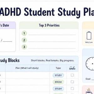 Könnte beinhalten: ADHS-Studenten-Studienplaner mit Abschnitten für Datum, Prioritäten, Energieniveau, Lernblöcke und einen Fokus-Timer. Der Planer enthält einen Pomodoro-Timer für 25-minütige Lernsitzungen mit 5-minütigen Pausen. Das Design ist weiß mit blauen und grünen Akzenten.