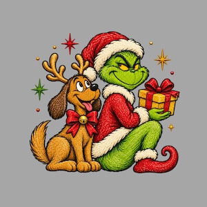 May include: A green creature wearing a red Santa hat and coat with white fur trim, holding a yellow gift box with a red ribbon. Beside it sits a brown dog with reindeer antlers and a red bow with a gold bell, surrounded by colorful stars.