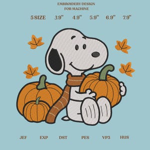 May include: Machine embroidery design featuring a white dog with a black ear wearing a brown scarf, holding an orange pumpkin next to another pumpkin and orange leaves. Text includes EMBROIDERY DESIGN FOR MACHINE, 5 SIZE, 3.9", 4.9", 5.9", 6.9", 7.9", JEF, EXP, DST, PES, VP3, HUS.