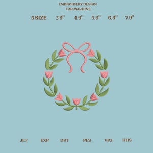 Disegno per ricamo di ghirlanda floreale, cornice di fiori con fiocco rosa, file per ricamo a macchina, bordo con monogramma, PES DST JEF