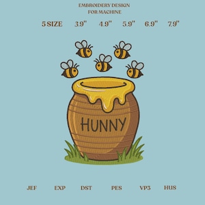 Honey Bee Pot Embroidery Design, Hunny Jar Machine Embroidery File, Cute Bee Digital Download
