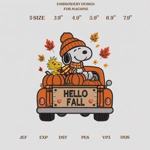 May include: Machine embroidery design featuring a cartoon dog in an orange knit hat and scarf sitting in an orange truck bed filled with pumpkins and a small yellow bird. The truck tailgate reads HELLO FALL with two red hearts. Sizes: 3.9", 4.9", 5.9", 6.9", 7.9".