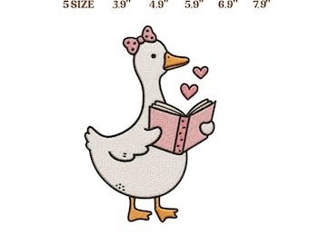 Niedliches Stickmuster: Lesende Gans, Stickdatei für Bücherliebhaber-Vögel, Kawaii-Gans-Digitalmuster
