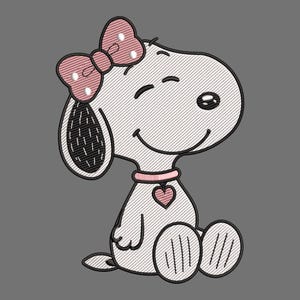 May include: An embroidery design of a white cartoon dog with a black ear, wearing a pink polka-dot bow on its head and a pink collar with a matching heart-shaped pendant. The dog is winking with a black outline and diagonal stitch texture.