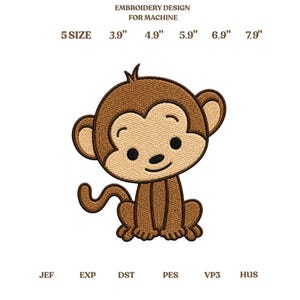 Puede incluir: Un diseño de bordado para máquina con un mono marrón con cara, orejas y vientre de color tostado claro. El texto dice: EMBROIDERY DESIGN FOR MACHINE, 5 SIZE, 3.9", 4.9", 5.9", 6.9", 7.9", JEF, EXP, DST, PES, VP3, HUS. El mono tiene ojos negros y una sonrisa.