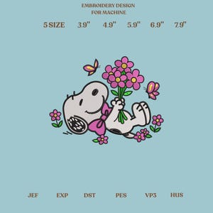 May include: An embroidery design for machine featuring a white cartoon dog with a pink bow tie holding a bouquet of pink flowers with yellow centers, surrounded by small pink flowers and two butterflies. Text includes EMBROIDERY DESIGN FOR MACHINE, 5 SIZE, 3.9", 4.9", 5.9", 6.9", 7.9", JEF, EXP, DST, PES, VP3, HUS.