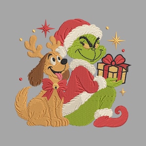 Christmas Green Monster Gift Embroidery Design, Cute Dog Reindeer Santa Hat Machine Embroidery File, Xmas Present Pattern Digital DST PES