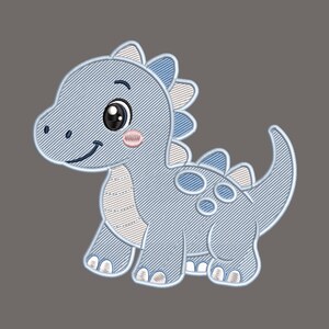 May include: An embroidered patch of a light blue baby dinosaur with a large head, big dark eyes, and a small smile. The creature features light pink cheeks, white and blue dorsal plates along its back, and blue spots on its side and tail.