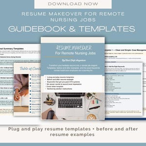 May include: A promotional image for a resume guidebook and templates for remote nursing jobs. The cover reads "Resume Makeover for Remote Nursing Jobs." The image includes a laptop, coffee, and other office supplies.