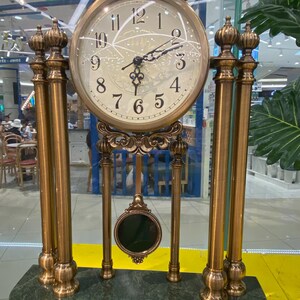 Grand Vintage Bronze Column Pendulum Table Clock with Green Marble Base, Antique Style Mantel Clock Decor