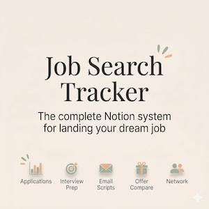 Op de afbeelding: Een beige afbeelding met de tekst "Job Search Tracker" en de slogan "Het complete Notion-systeem om je droombaan te vinden." Pictogrammen hieronder zijn "Sollicitaties", "Interviewvoorbereiding", "E-mailscripts", "Aanbiedingen vergelijken" en "Netwerk".
