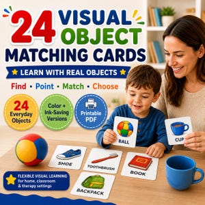 May include: A set of 24 visual object matching cards featuring illustrations of everyday items like a ball, shoe, toothbrush, book, and backpack. The cards include text labels for each object, designed for educational learning and matching activities.
