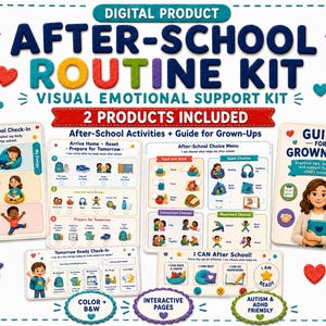 May include: A digital after-school routine kit featuring a visual emotional support guide, check-in charts, activity menus, and a guide for grown-ups. The kit includes interactive pages with colorful illustrations, icons, and text to help children manage energy levels, daily tasks, and choices.