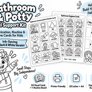 Op de afbeelding: Een badkamer- en potjestraining visuele ondersteuningsset met zwart-wit printbare kaarten voor kinderen. De set bevat communicatie- en hygiënekaarten, een routinebord en een illustratie van een stripfiguur met de tekst Small Steps. Big Independence.