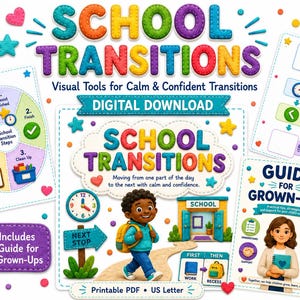 Suporte visual para transições escolares com guia para pais, rotina escolar para autismo e TDAH, cronograma visual, transições escolares tranquilas, em preto e branco.