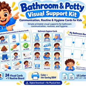 May include: A Bathroom & Potty Visual Support Kit featuring communication, routine, and hygiene cards for kids. The set includes 24 visual cards and a routine board, with text indicating US Letter 8.5 inches by 11 inches and A4 210 mm by 297 mm sizes.