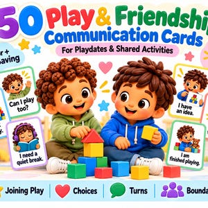 Può includere: Un set di 50 carte di comunicazione per il gioco e l'amicizia. Le carte presentano illustrazioni di bambini con testo come Can I play too?, I want to play, I need a quiet break, I have an idea e I want to watch first.