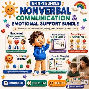 May include: A 5-in-1 bundle for nonverbal communication and emotional support featuring a clay-style illustration of a child in a blue hoodie. Includes printable PDF cards for social scripts, feelings, and body signals, plus a parent and therapist guide.