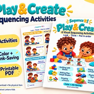 以下が含まれることがあります： 6つの視覚的シーケンスアクティビティを含む「Play & Create Sequencing Activities」のデジタルダウンロード。印刷可能なPDFには、ブロック遊び、ミニカー遊び、お絵かきなどのタスクに取り組む2人の子供のイラストが含まれています。