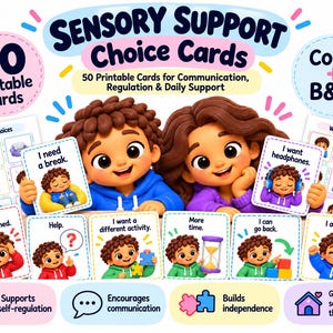 Puede incluir: Un conjunto de 50 tarjetas de elección de apoyo sensorial imprimibles con personajes de dibujos animados y texto para la comunicación y regulación. Las tarjetas incluyen frases como I need a break, I want headphones, I feel overwhelmed, Help, I want a different activity, More time, I can go back e I am ready.