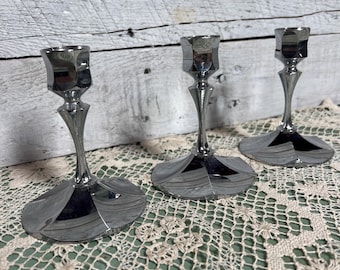 Irvinware Chrome Candle Sticks Holder Set of 3  * Vintage MCM