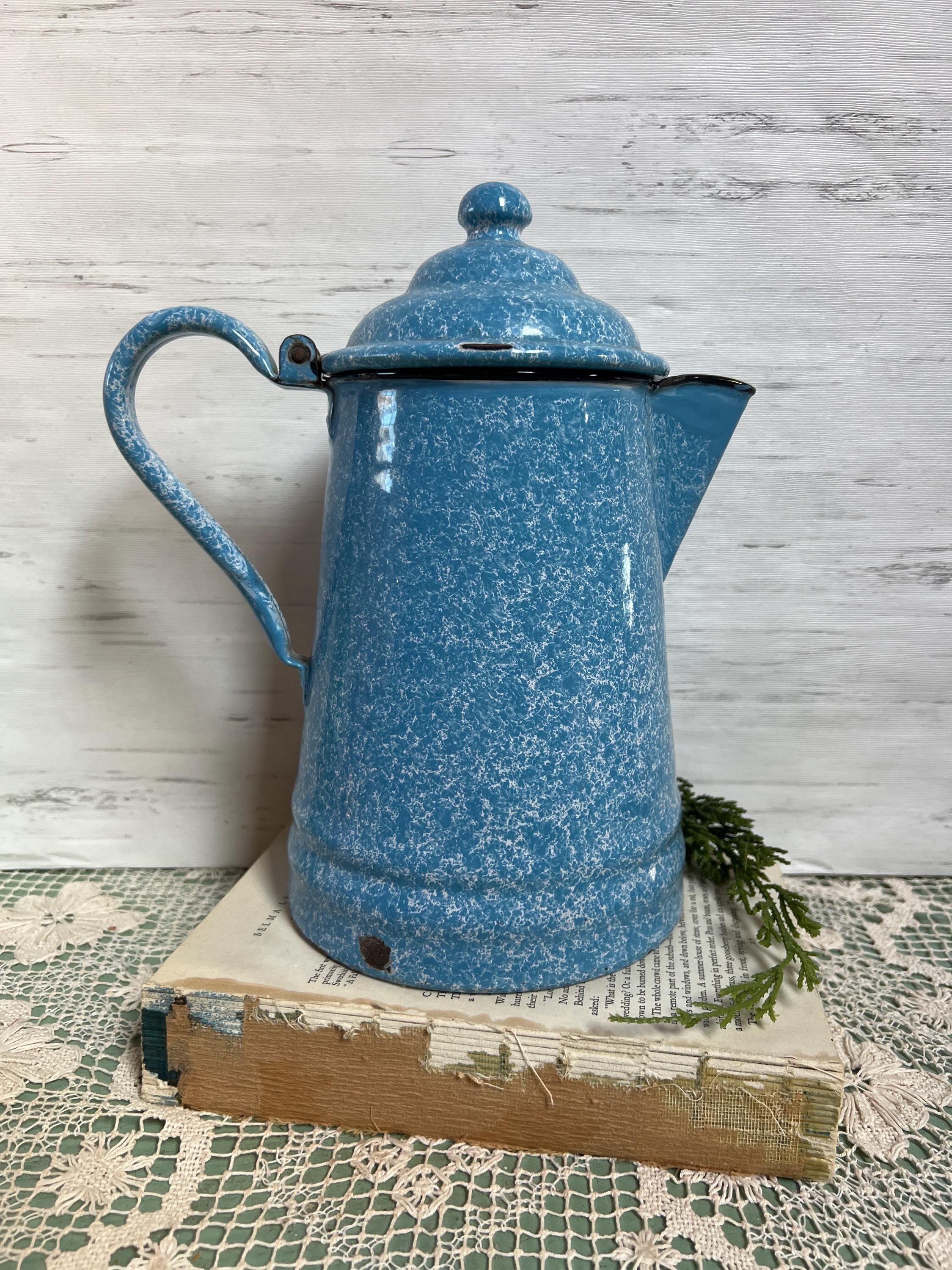 Blue Speckle Enamelware Graniteware Hinged Lid Coffee Pot