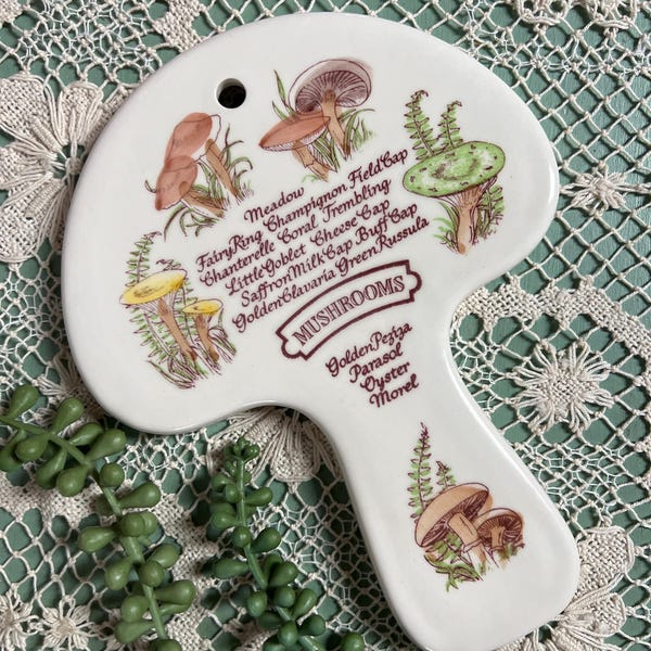 Vintage 1980 AVON Mushroom Spoonrest Wall Decor NOS Retro Handpainted Two Sided Trivet