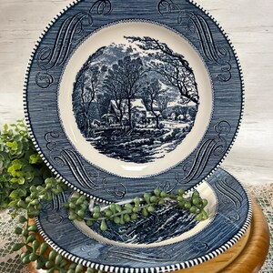 The Gristmill Blue on White Currier & Ives  Royal China on Royal Ironstone Dinner Plates Grandmillenial