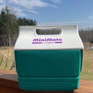 Nevera vintage IGLOO Mini Mate de color verde azulado y morado, años 90
