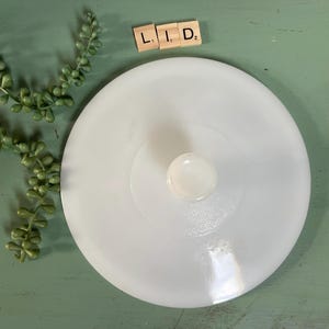 May include: A white, round lid with a small, round knob in the center. The word "LID" is spelled out with wooden letter tiles. The lid is on a green surface, with a green plant in the background.