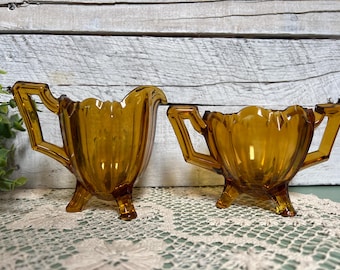 Vintage Amber Glass Sugar Bowl Creamer Set * Footed