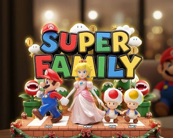Personalized Super Mario Family Light Box, Custom Nintendo Gamer Gift for Dad Mom Kids, Mario Bros Diorama Display, Unique Family Gift